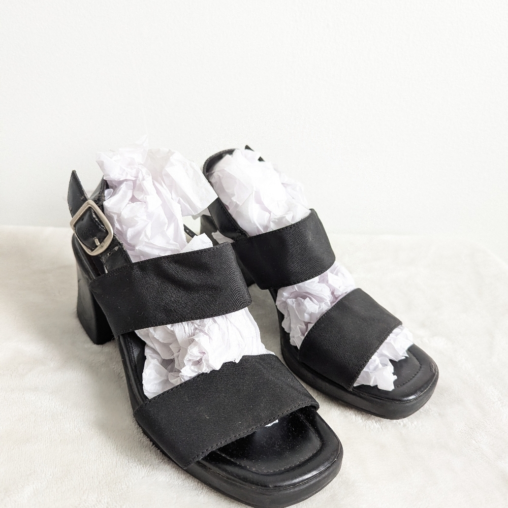 Vintage 90s Black Leather Square Toe Block Heeled Sandals Lizzy Mcguire 7